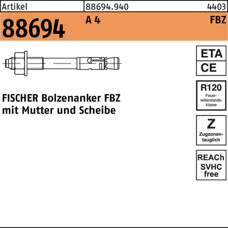 FISCHER Bolzenanker FBZ 10/30 A4 mit Mutter und Scheibe – 50 Stück