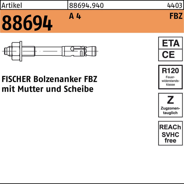 FISCHER Bolzenanker FBZ 10/30 A4 mit Mutter und Scheibe – 50 Stück