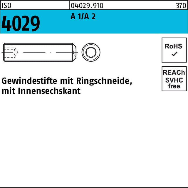 F. REYHER Gewindestift ISO 4029 M6x25 Ringschneide Innensechskant 200 Stück