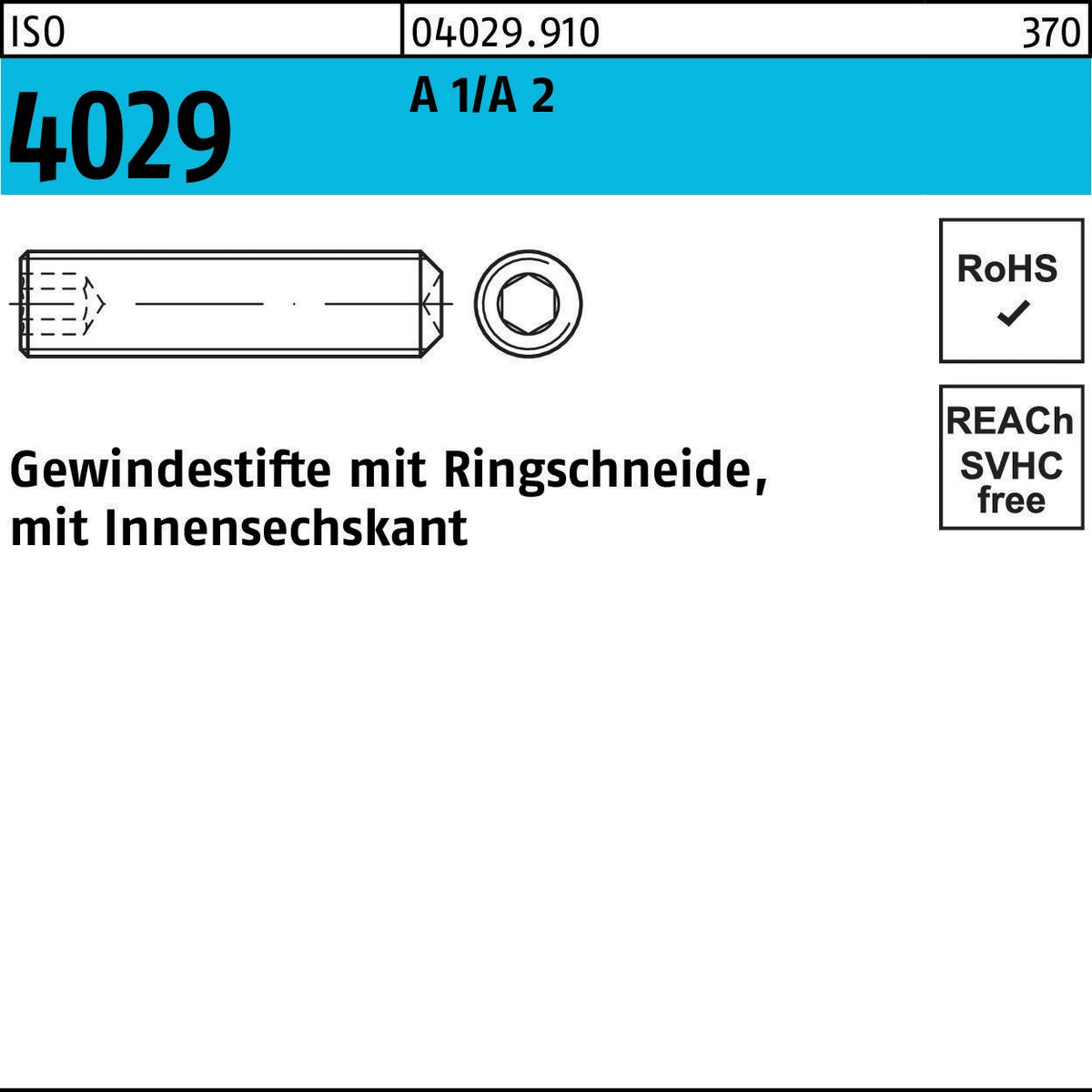 F. REYHER Gewindestift ISO 4029 Ringschneide Innensechskant M10x12 A2 100 Stück