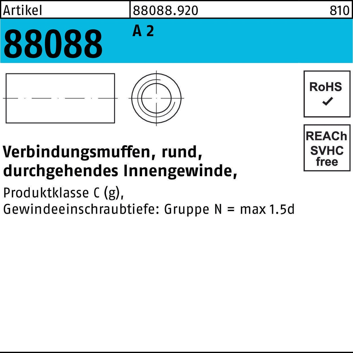 REYHER Verbindungsmuffe R 88088 M6x20x10 Stahl verzinkt