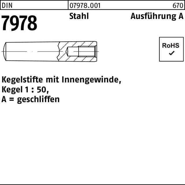F. REYHER Kegelstifte DIN 7978/ISO 8736 mit Innengewinde, Stahl, Kegel 1:50, 6x16 mm