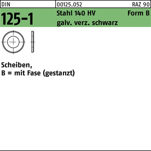 Unterlegscheibe DIN 125-1 B 4,3x9x0,8 mm Stahl 140 HV galvanisch verzinkt schwarz, 1000 Stück von F. REYHER