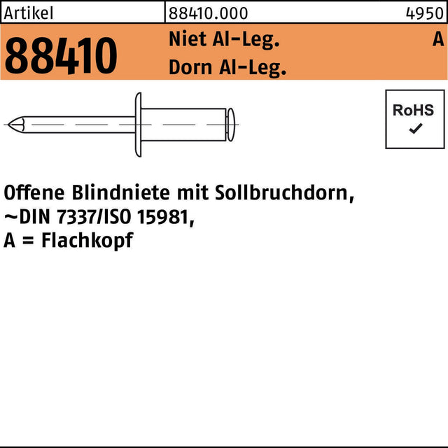 Blindniete R 88410 FLAKO 3,2x6,1 mm Aluminium/Stahl 500 Stück Flachkopf