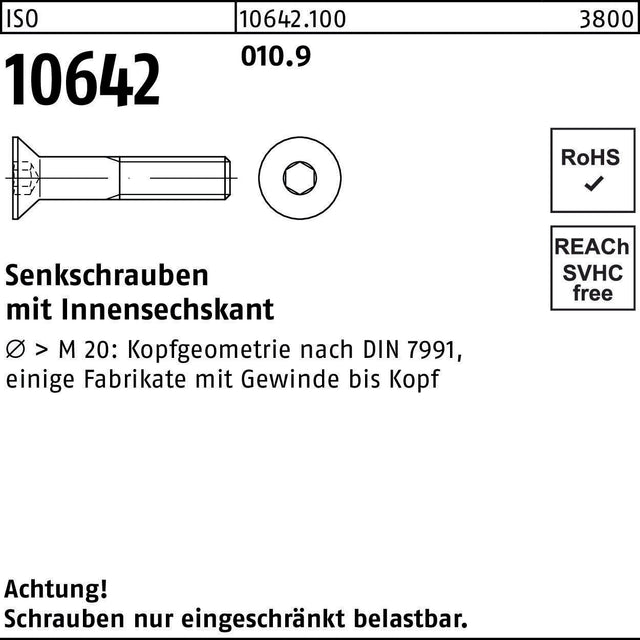 F. REYHER Senkschraube ISO 10642 Innen-6kt M5x35 10.9 – 200 Stück