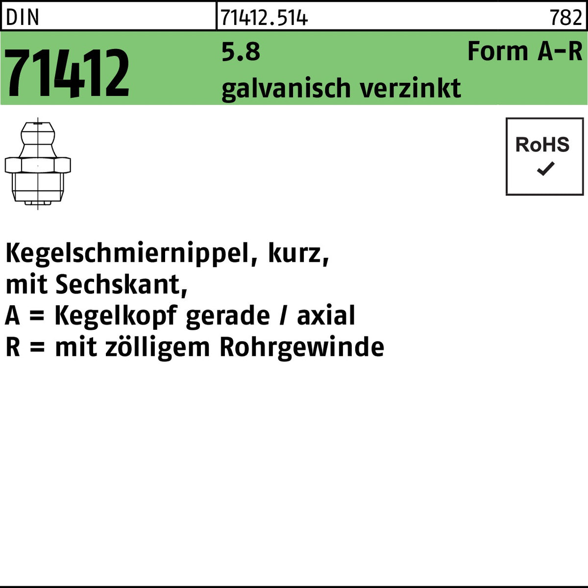 F. REYHER Kegelschmiernippel DIN 71412 Form A-R AR 1/8 SW11 5.8 verzinkt