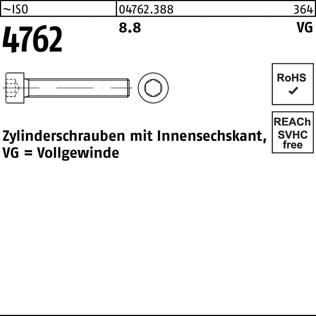 F. REYHER Zylinderschraube ISO 4762 Innensechskant M8x90 mm 8.8 Vollgewinde 100 Stück