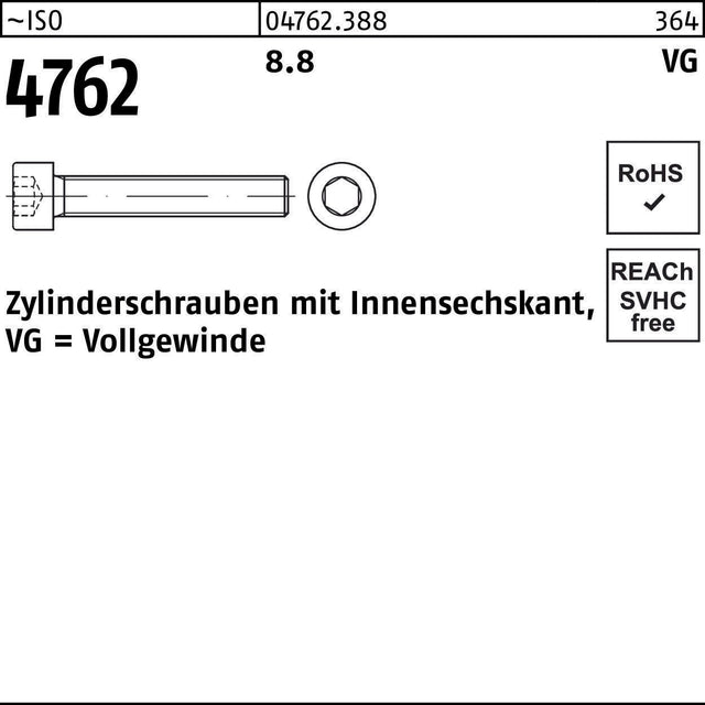 F. REYHER Zylinderschraube ISO 4762 Innensechskant M8x90 mm 8.8 Vollgewinde 100 Stück