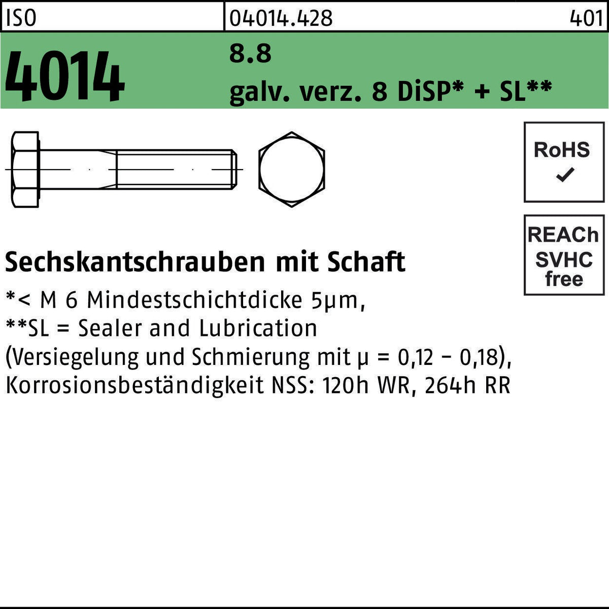 F. REYHER Sechskantschraube ISO 4014 M6x90 8.8 verzinkt