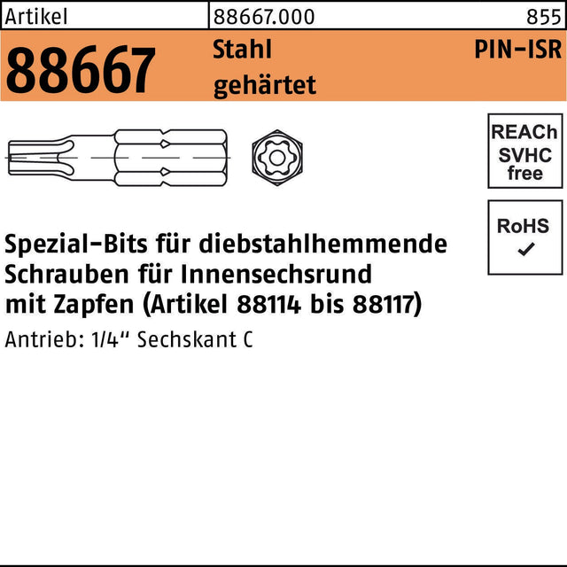 REYHER Bit R 88667 ISR Zapfen T 10 Stahl gehärtet – Spezial-Bit für diebstahlhemmende Schrauben