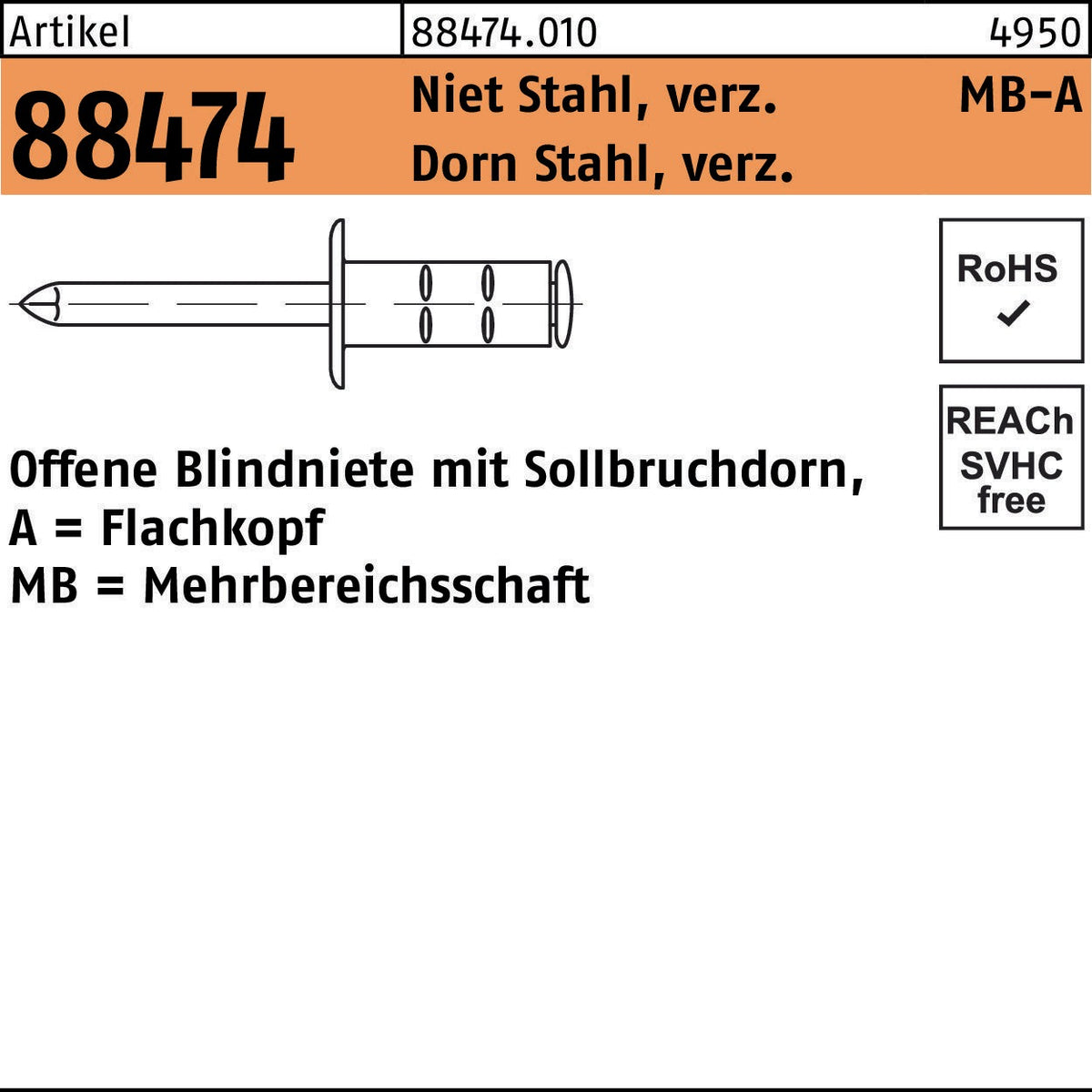GESIPA Blindniete R 88474 Flachkopf 3,2 x 9,5 mm Aluminium/Stahl verzinkt 1000 Stück