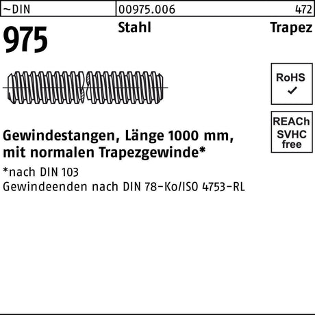 F. REYHER Gewindestange DIN 975 Trapezgewinde TR 12x3x1000mm Stahl
