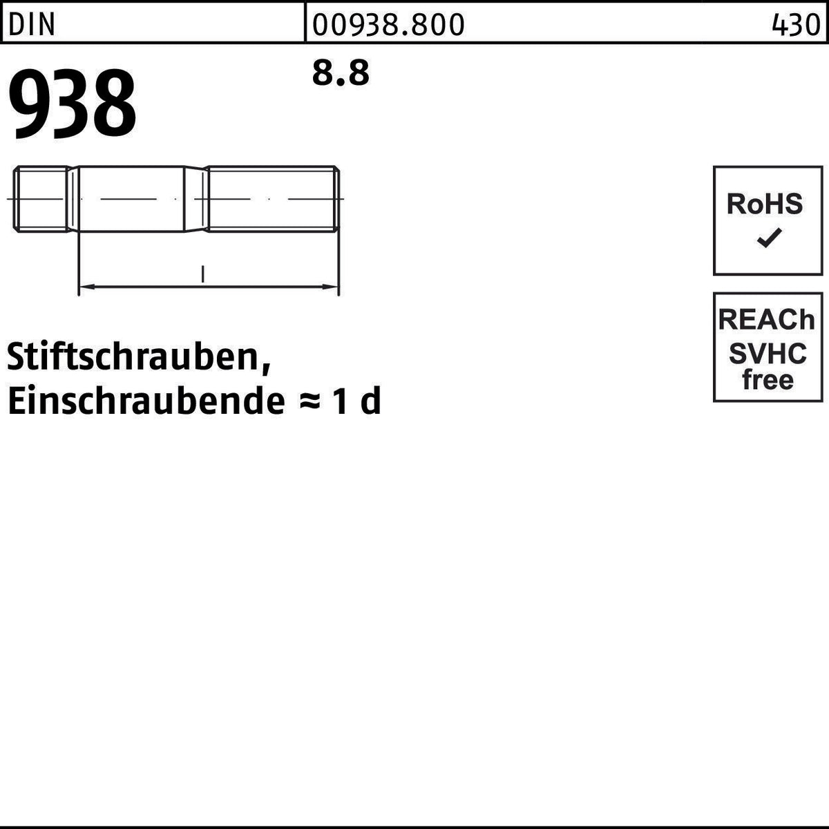 F. REYHER Stiftschraube DIN 938 M10 x 80 mm 8.8
