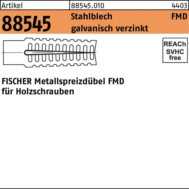 FISCHER Metallspreizdübel FMD 6x32 Stahlblech galvanisch verzinkt 100 Stück