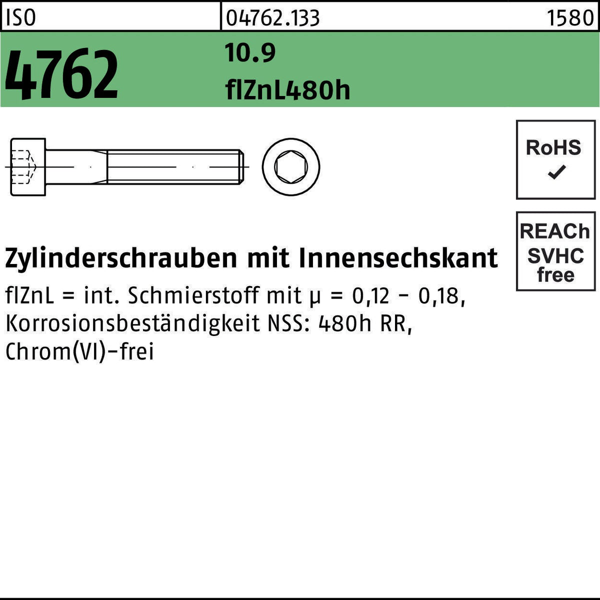 F. REYHER Zylinderschraube ISO 4762 Innensechskant M5x30 10.9 zinklamellenbeschichtet 500 Stück