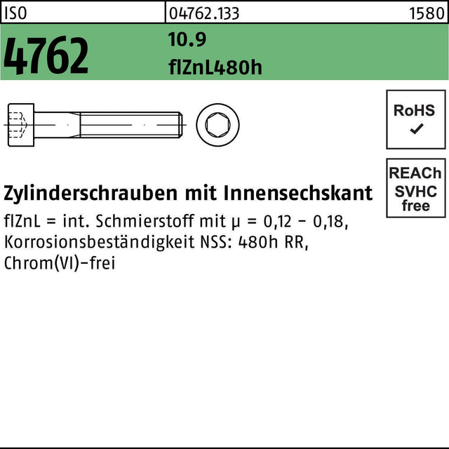 F. REYHER Zylinderschraube ISO 4762 Innensechskant M5x30 10.9 zinklamellenbeschichtet 500 Stück