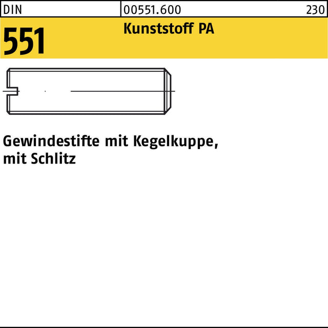 F. REYHER Gewindestift DIN 551 mit Kegelkuppe & Schlitz M4x6 Polyamid – 100 Stück