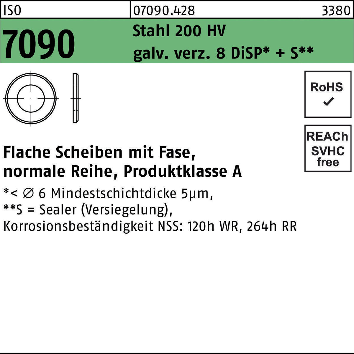 F. REYHER Unterlegscheibe ISO 7090 mit Fase 36 mm Stahl 200 HV verzinkt 50 Stück