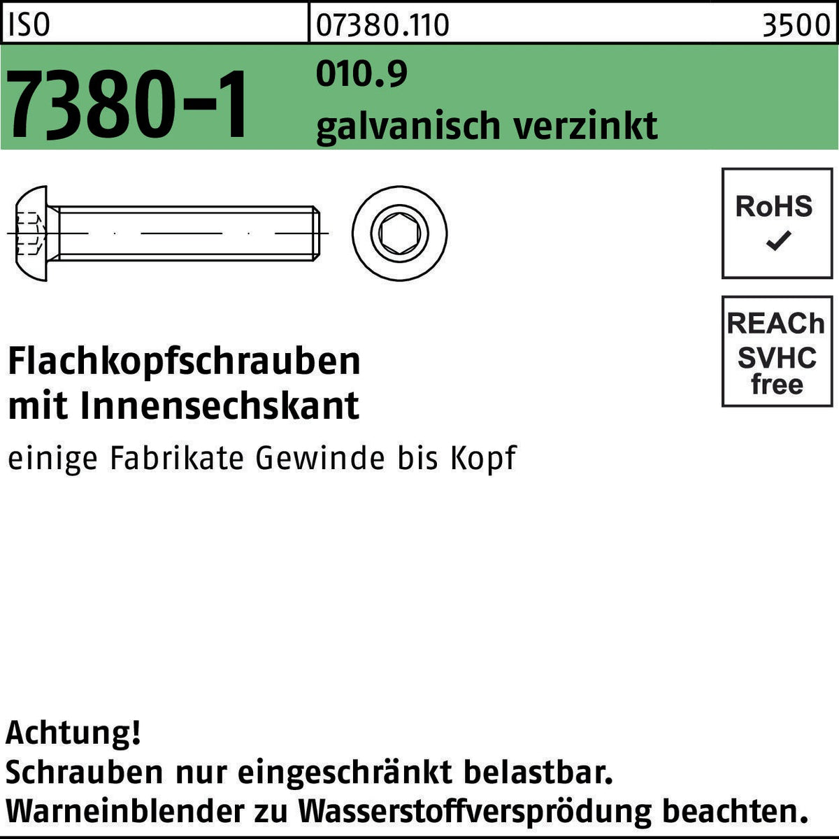 F. REYHER Flachkopfschraube ISO 7380-1 Innensechskant M10x35 10.9 verzinkt 100 Stk.