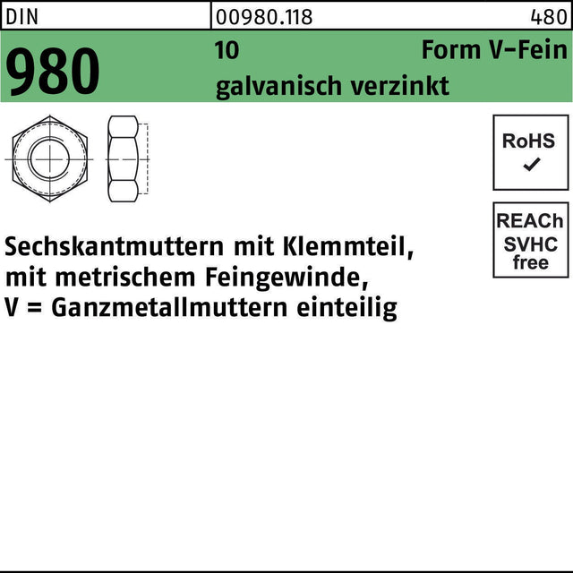 F. REYHER Sechskantmuttern DIN 980 mit Klemmteil M8x1, 100 Stück, galvanisch verzinkt