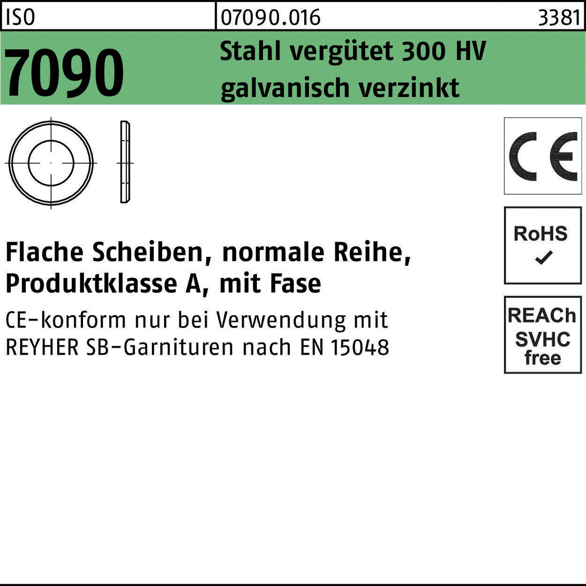Unterlegscheibe ISO 7090 mit Fase 16 mm Stahl verzinkt 300 HV von F. REYHER – 100 Stück