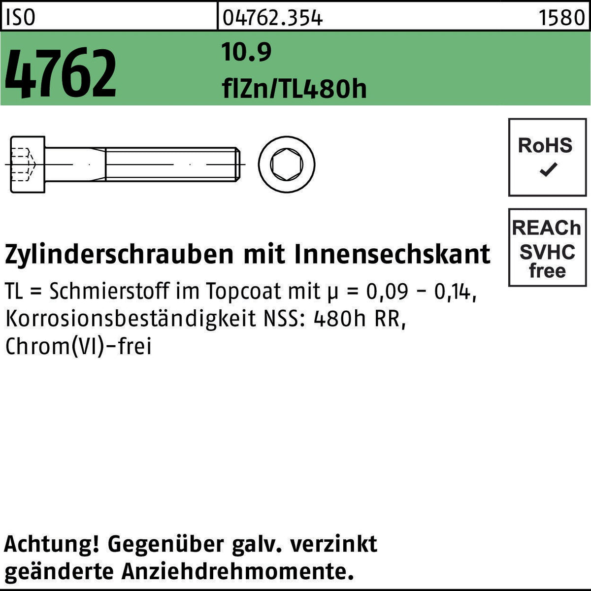 F. REYHER Zylinderschraube ISO 4762 Innensechskant M6x35 10.9 flZn/TL 480h – 200 Stück