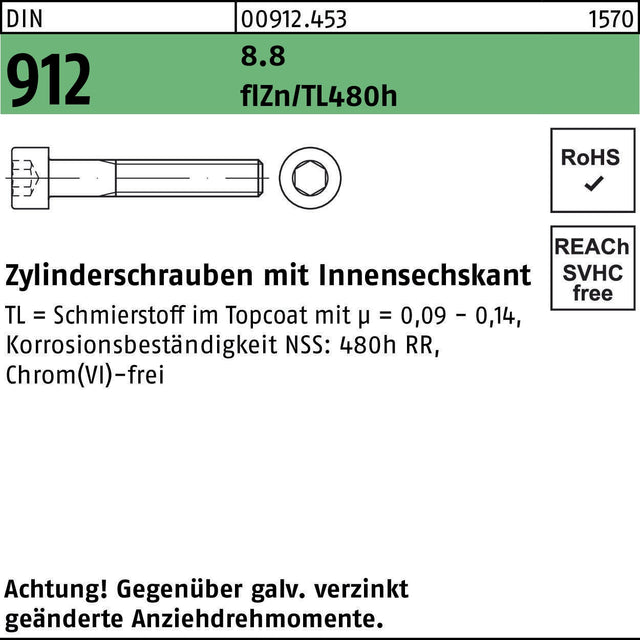 F. REYHER Zylinderschraube DIN 912 M12x65 8.8 flZn/TL 480h – 50 Stück