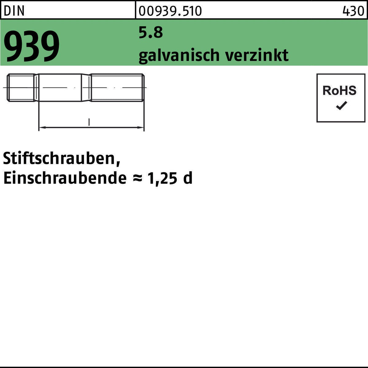 F. REYHER Stiftschraube DIN 939 M12x45 5.8 galvanisch verzinkt, Einschraubende 1,25d