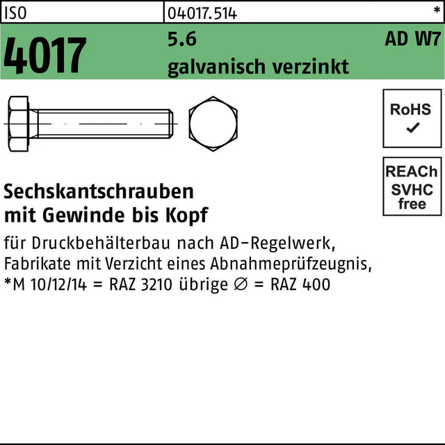 Sechskantschraube ISO 4017 VG M 33 x 100 5.6 AD W7 galvanisch verzinkt von BUFAB – 5 Stück
