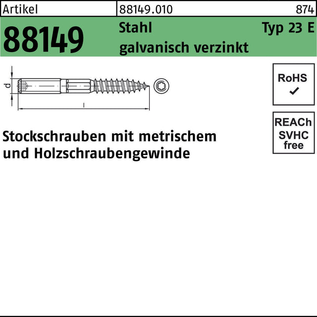 Stockschraube R 88149 Typ 23 E M5x40 Stahl galv. verzinkt – 100 Stück