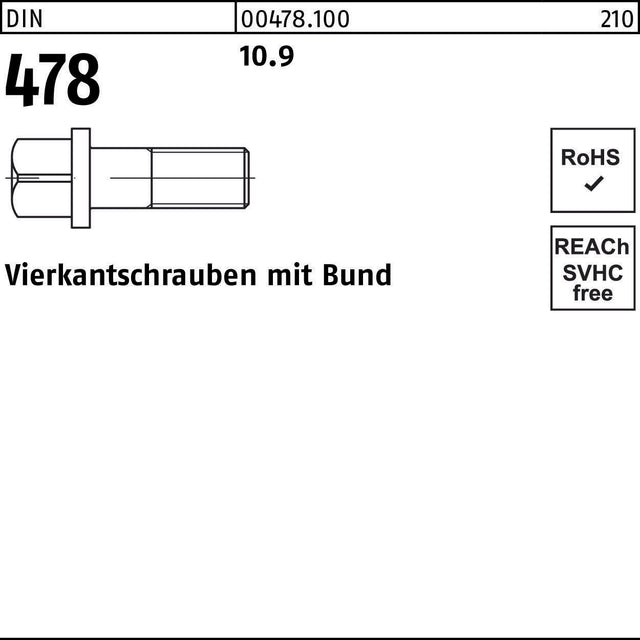 Vierkantschraube DIN 478 mit Bund M8x30 10.9 von F. REYHER – 50 Stück
