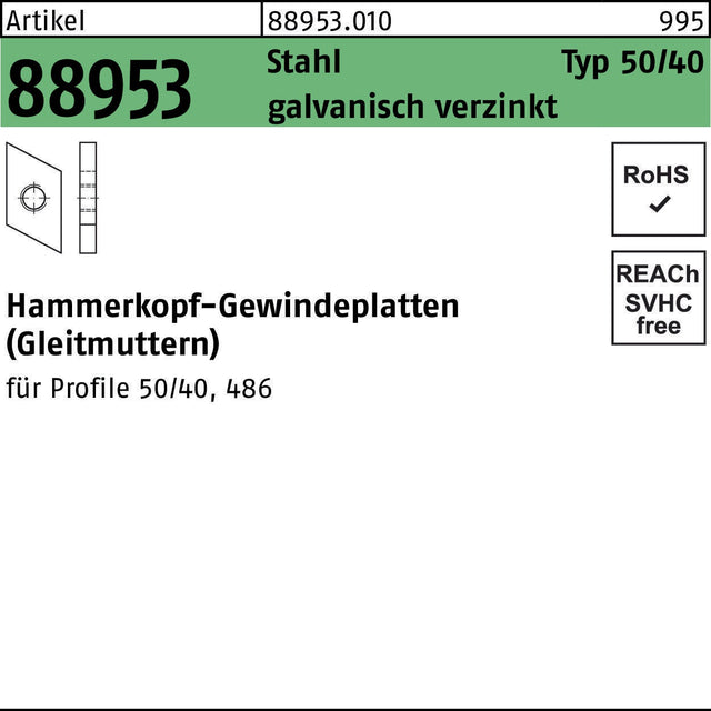 F. REYHER Hammerkopfgewindeplatte R 88953 Typ 50/40 M6 Stahl galvanisch verzinkt 100 Stück