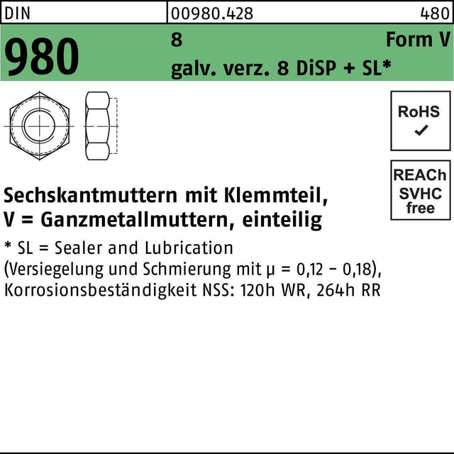 Sechskantmuttern DIN 980 mit Klemmteil V M5 – 1000 Stück, galvanisch verzinkt, F. REYHER