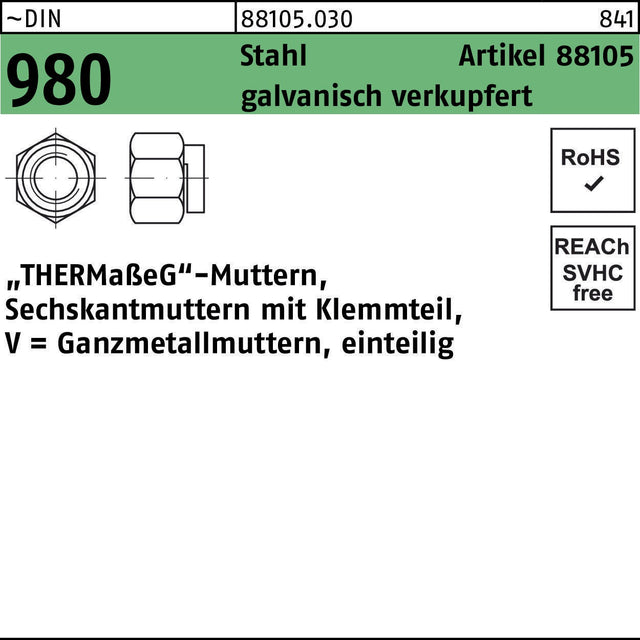 F. REYHER Sechskantmutter R 88105 mit Klemmteil M8 SW 12 Stahl galvanisch verkupfert