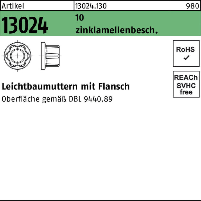 REYHER Leichtbaumutter R 13024 M16x1,5 10 DBL9440.89 – 300 Stück, zinklamellenbeschichtet