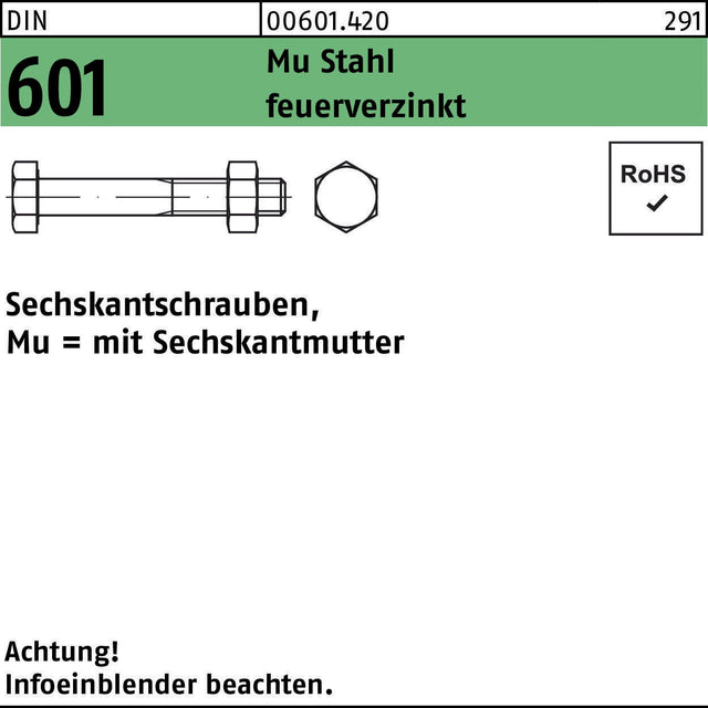 F. REYHER Sechskantschraube DIN 601 M10x20 mit Sechskantmutter, Stahl 4.6 feuerverzinkt