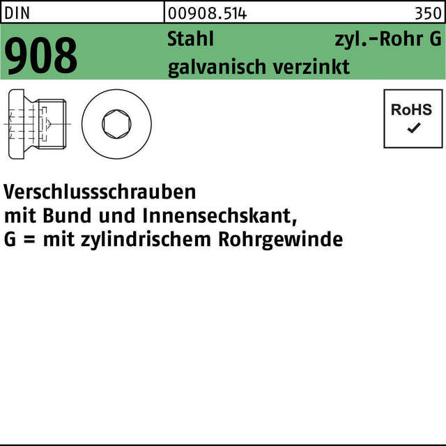 F. REYHER Verschlussschraube DIN 908 mit Bund & Innensechskant G 3/8 A Stahl verzinkt 50 Stück