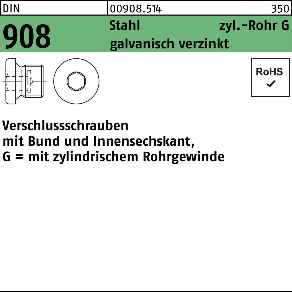 F. REYHER Verschlussschraube DIN 908 mit Bund und Innensechskant G 1 1/4 A, galvanisch verzinkt