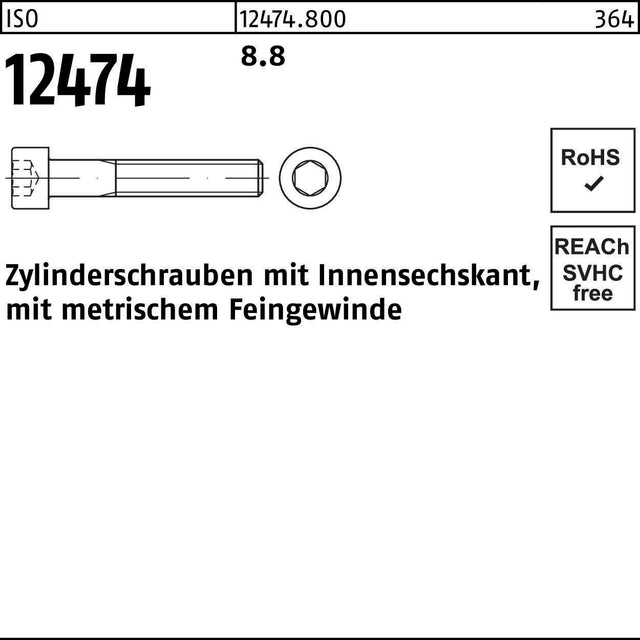 F. REYHER Zylinderschraube ISO 12474 Innensechskant M10x1x50 mm 8.8