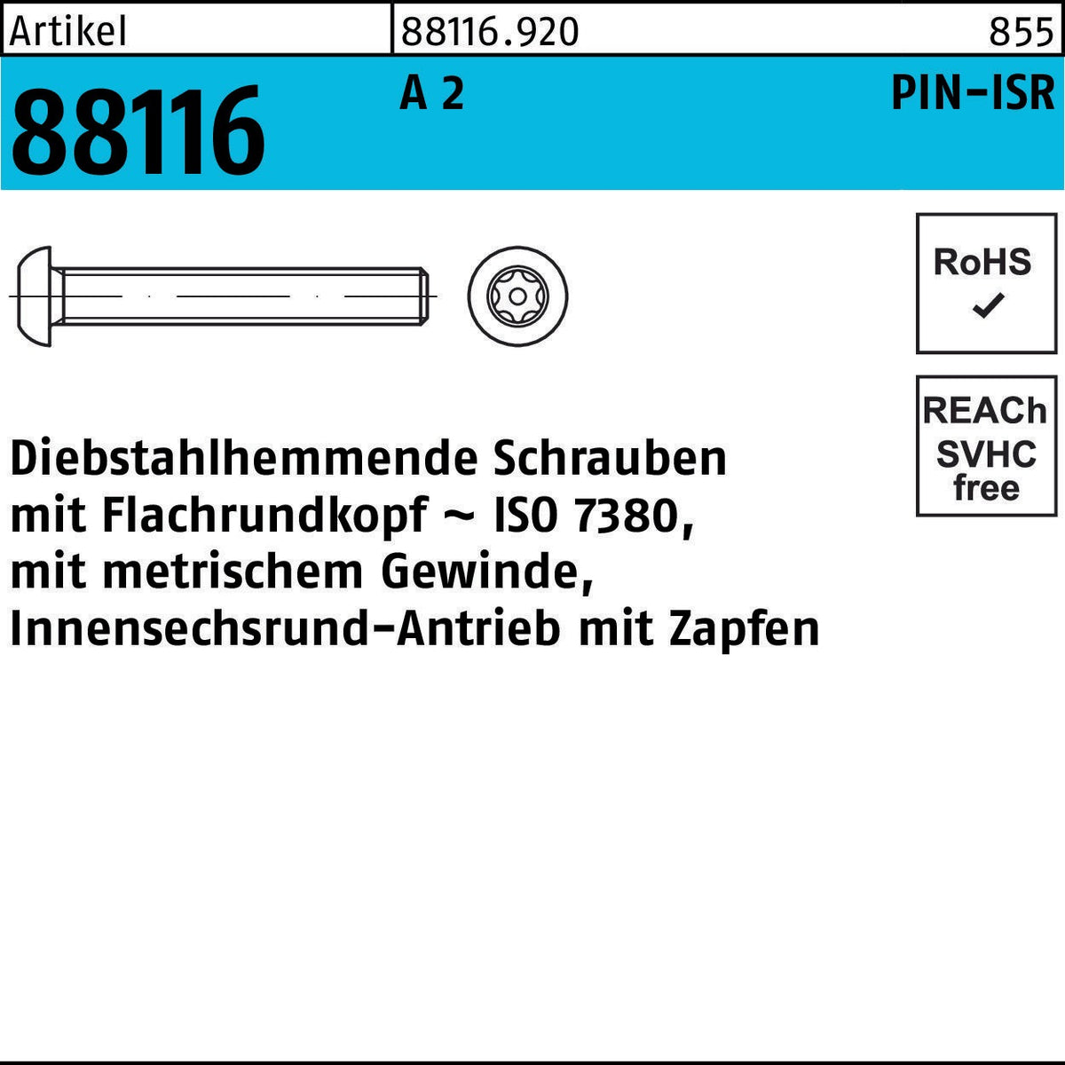 F. REYHER Schraube R 88116 diebstahlhemmend ISR Zapfen M3x6-T10 A2