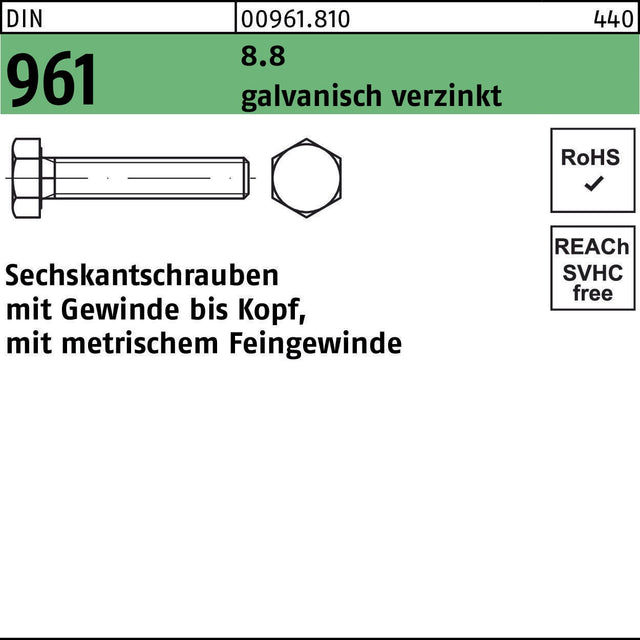 Sechskantschraube DIN 961 M8x1x20 8.8 galvanisch verzinkt, 200 Stück von F. REYHER