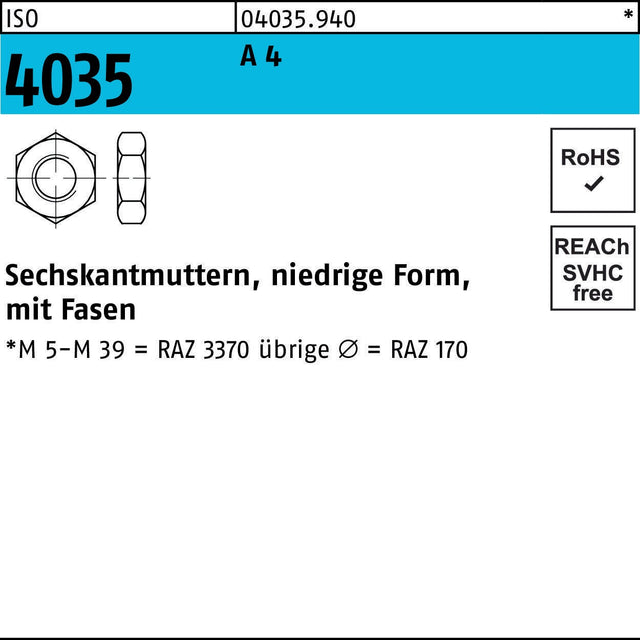 F. REYHER Sechskantmutter ISO 4035 niedrig M12 A4 – 50 Stück