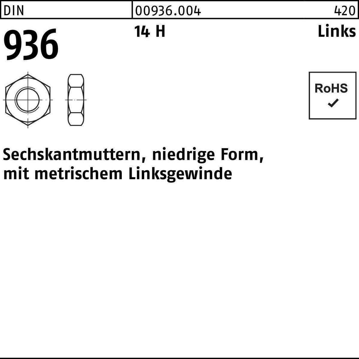F. REYHER Sechskantmutter DIN 936 Links M16 – 50 Stück, niedrige Form