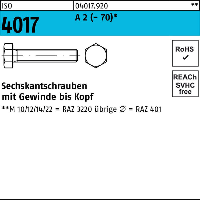 BUFAB Sechskantschraube ISO 4017 VG M3x6 A2 Edelstahl 100 Stück