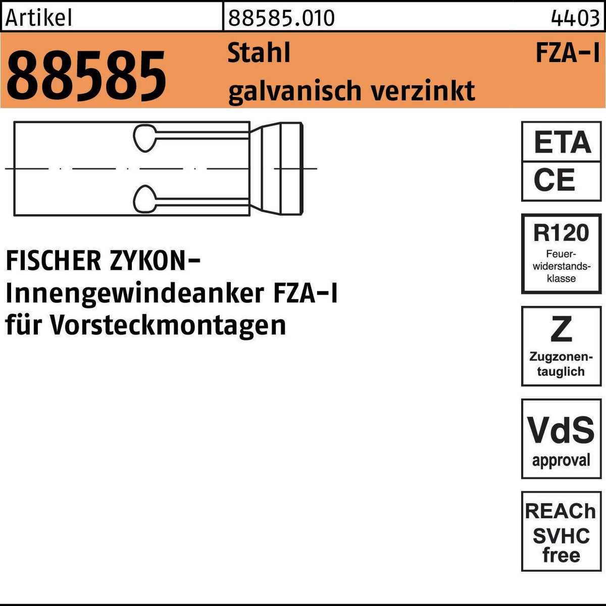 FISCHER ZYKON Innengewindeanker FZA-I 12x40 M6, Stahl galvanisch verzinkt