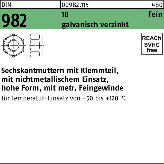 F. REYHER Sechskantmutter DIN 982 mit Klemmteil M10x1 fein galvanisch verzinkt