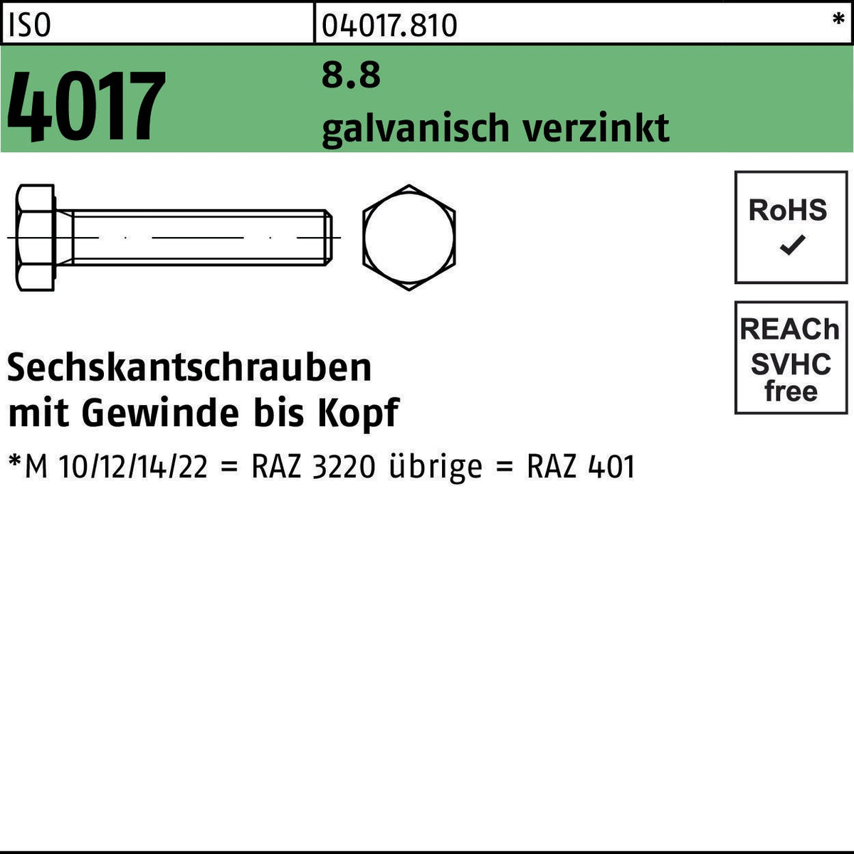 BUFAB Sechskantschraube ISO 4017 VG M10x110 8.8 galvanisch verzinkt