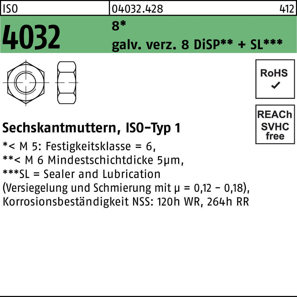 BUFAB Sechskantmutter ISO 4032 M14 8 galv. verz. 8 DiSP + SL 200 Stück