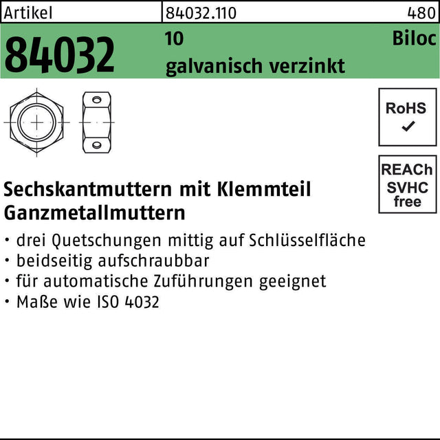 Sechskantmutter R 84032 Biloc Klemmteil M5 von REYHER – 1000 Stück, galvanisch verzinkt
