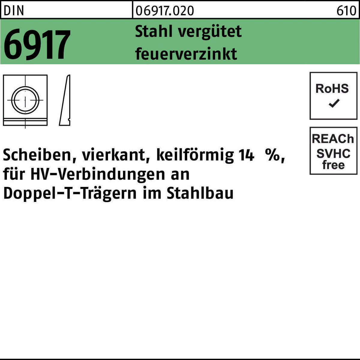 F. REYHER Unterlegscheibe DIN 6917 ÜH vierkant keilförmig 13 mm Stahl C45 vergütet